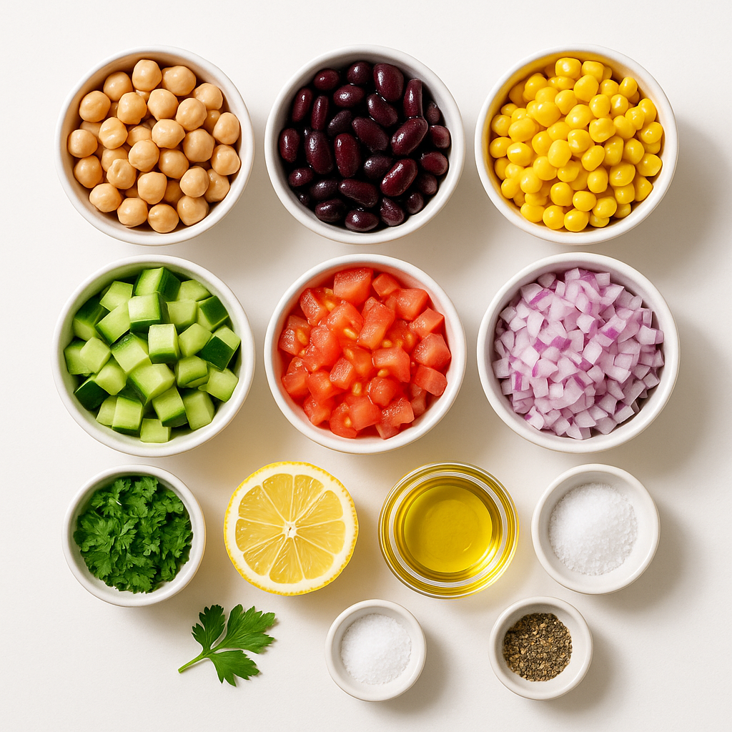 Ingredients for dense bean salad arranged in small bowls including chickpeas, kidney beans, corn, cucumber, tomato, red onion, parsley, lemon, olive oil, salt and pepper.