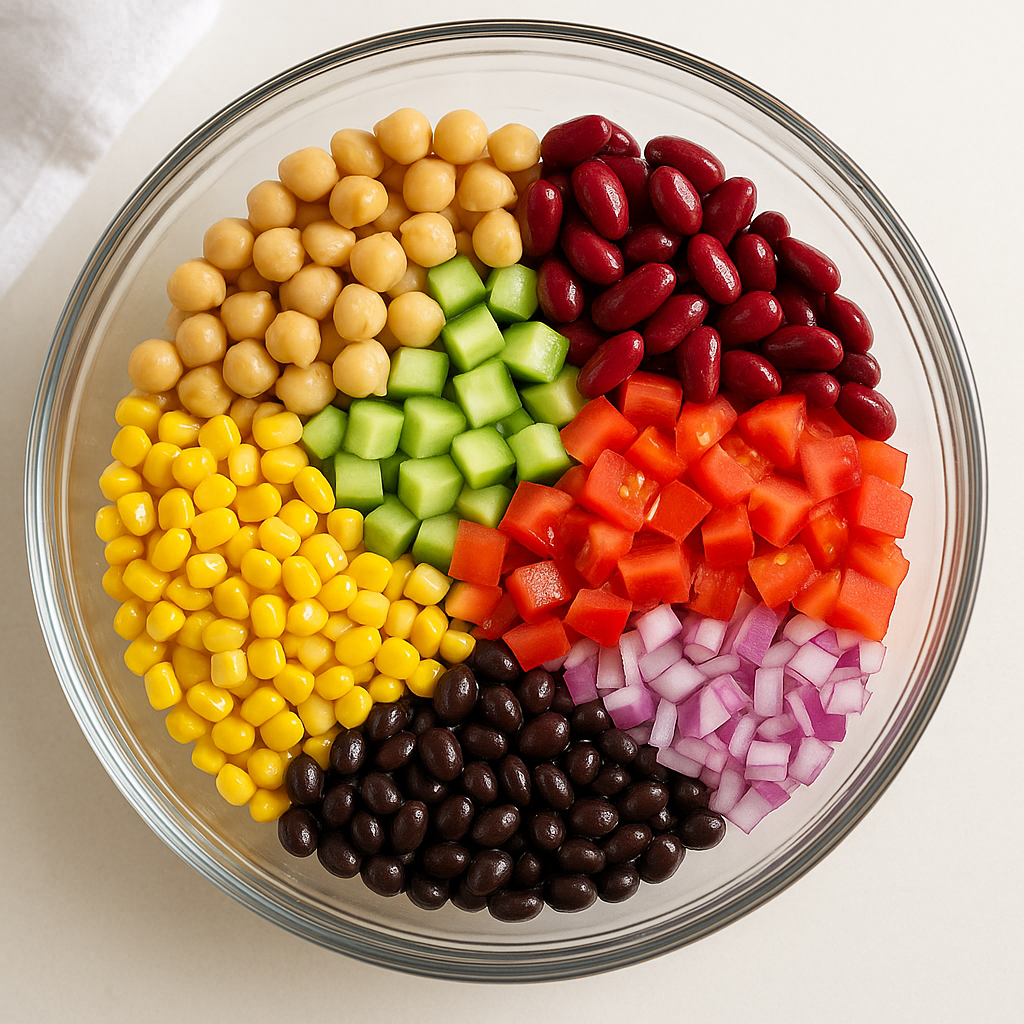 Mixing bowl filled with chickpeas, kidney beans, black beans, corn, cucumber, tomatoes and red onion for dense bean salad recipe.