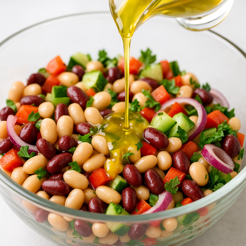 Olive oil dressing being poured over dense bean salad with kidney beans, white beans, cucumber, red onion and parsley.