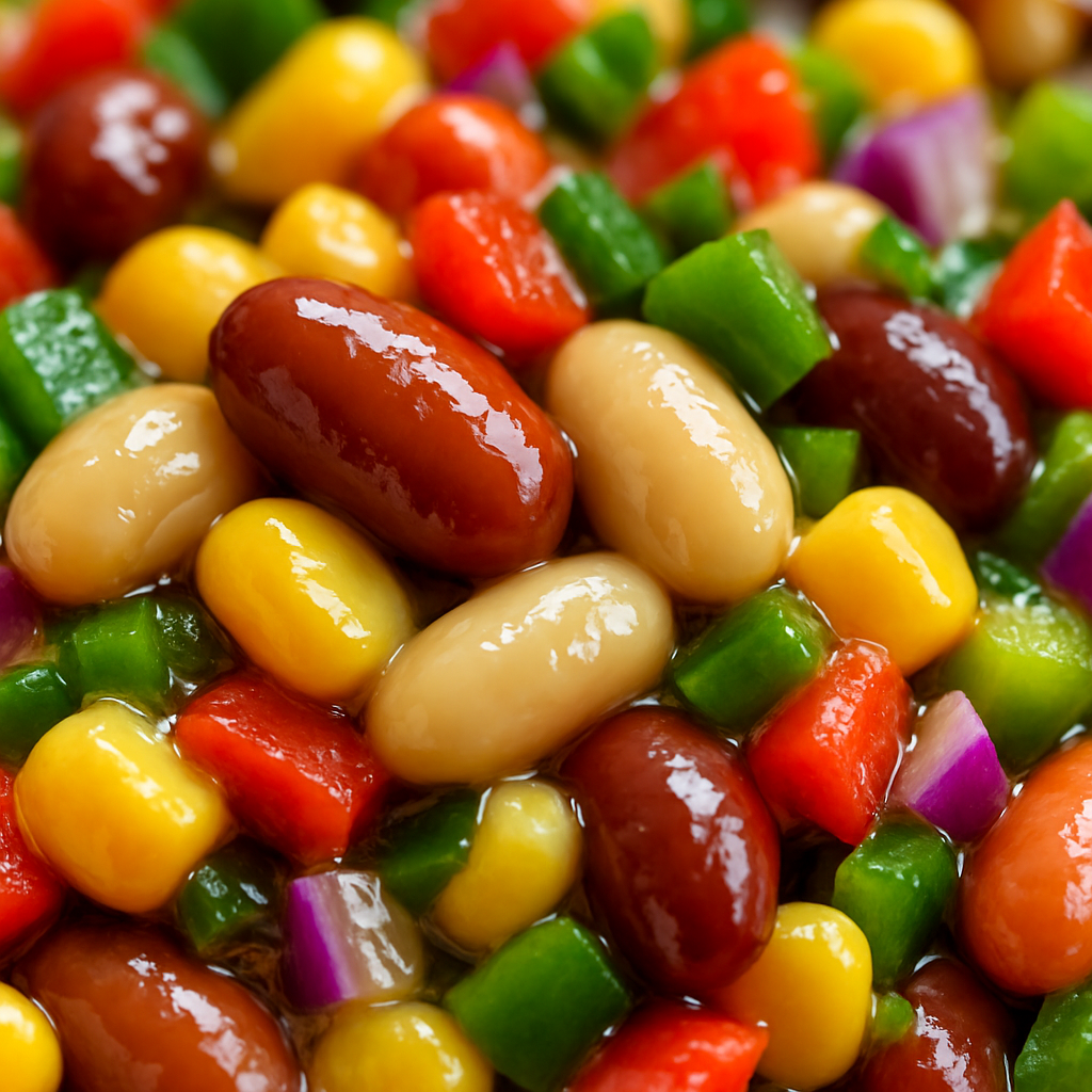 Close-up of dense bean salad showing beans, corn, bell peppers and red onion coated in dressing.