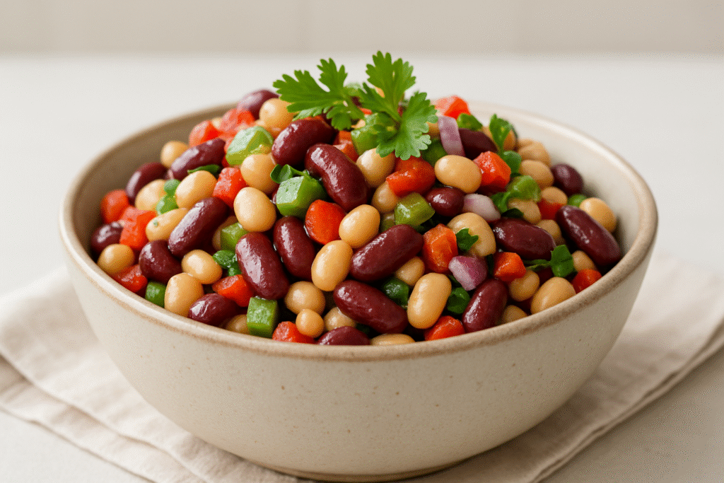 Dense bean salad served in a ceramic bowl with kidney beans, white beans, bell peppers and fresh parsley on top.