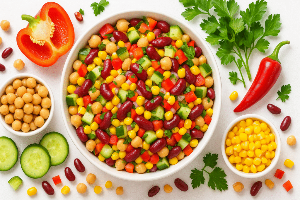 Vibrant dense bean salad in a white bowl made with chickpeas, kidney beans, corn, cucumbers and peppers, surrounded by fresh ingredients on a clean white background, overhead healthy food photography.