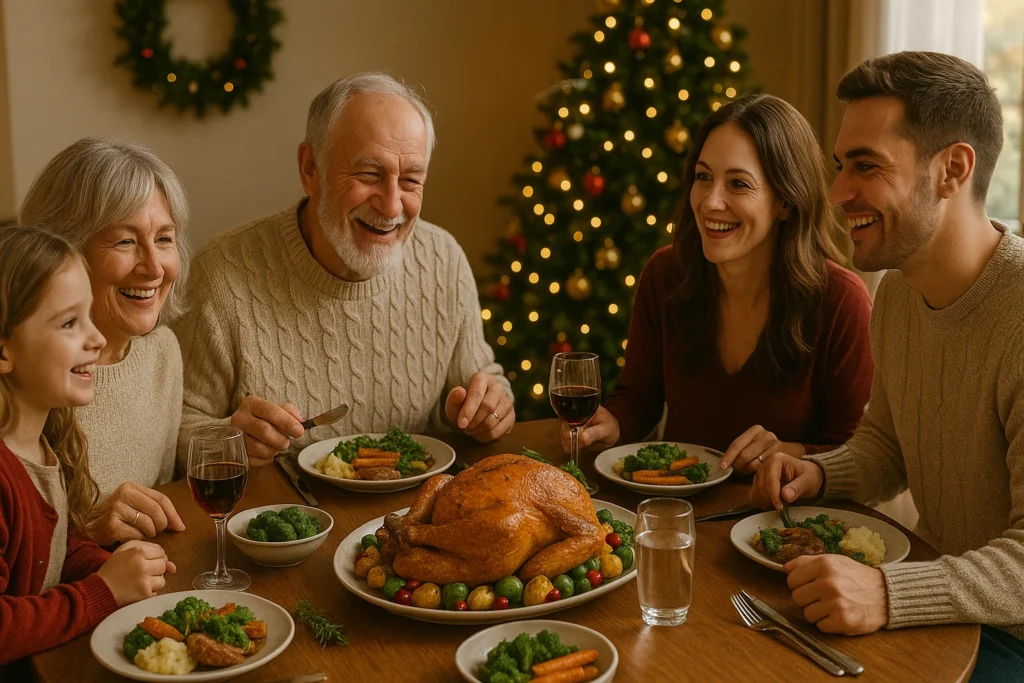 A joyful family gathered around a festive dining table for a Christmas brunch