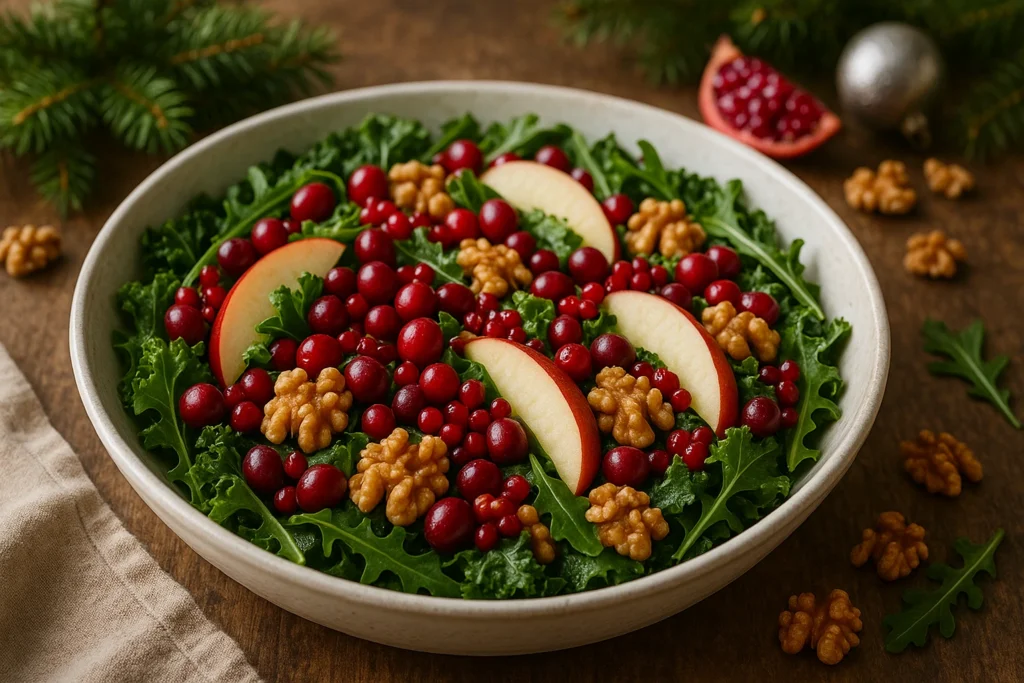 A festive salad of apples and cranberries with fresh greens and almonds