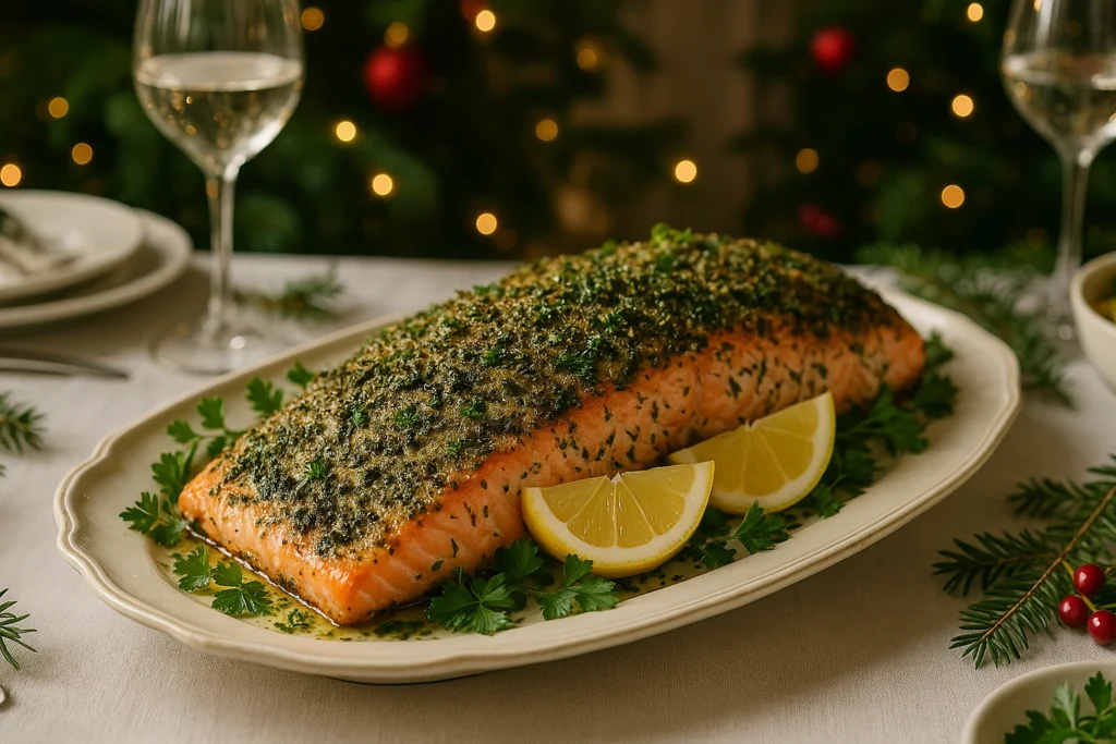 A festive serving dish with baked fish with a herb coating and lemon wedges