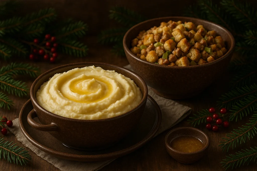 Warm, rustic bowls with creamy mashed potatoes and traditional holiday filling