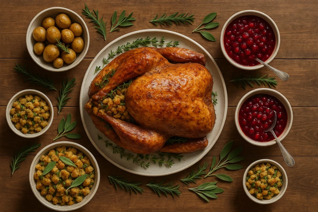 Cranberries, potatoes, and Brussels sprouts accompany a golden-roasted Christmas turkey.
