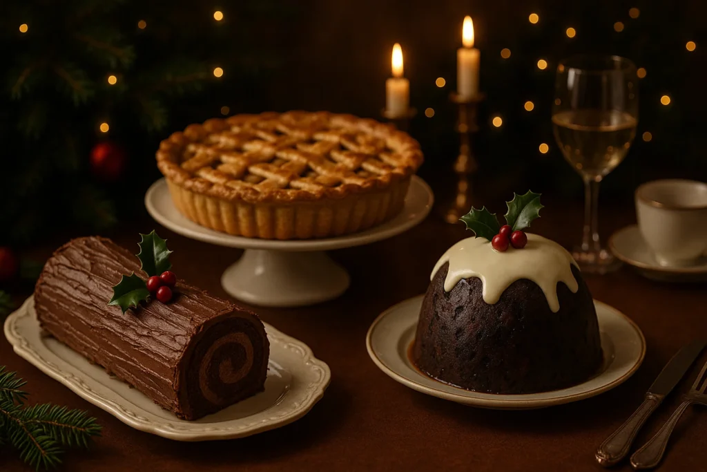 Yule log cake, apple pie, and Christmas pudding on a Christmas dessert table