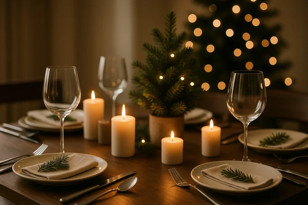 Dinner dishes and a holiday lighted dining table with simple Christmas décor