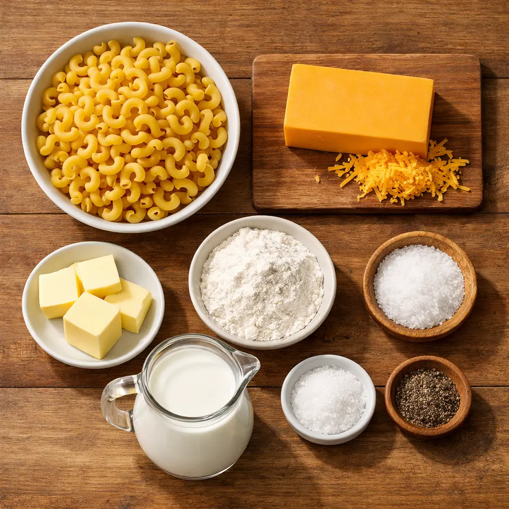 mac and cheese recipe ingredients arranged for cooking